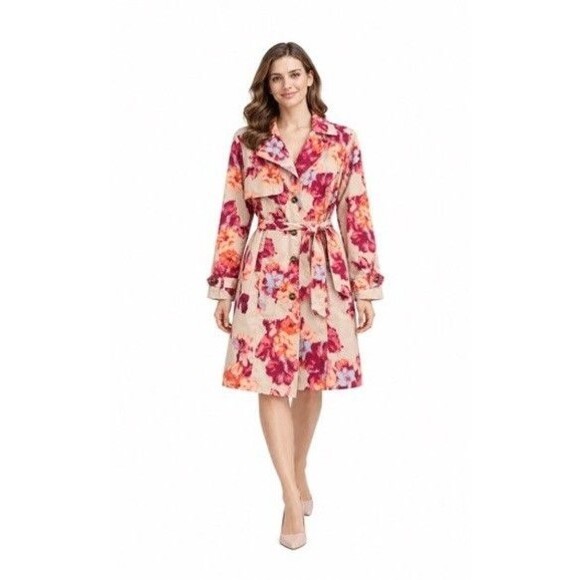 Chico's Jackets & Blazers - Chicos Trench Coat Womens 1 MEDIUM Floral Pockets Detachable Hoodie Button Front
